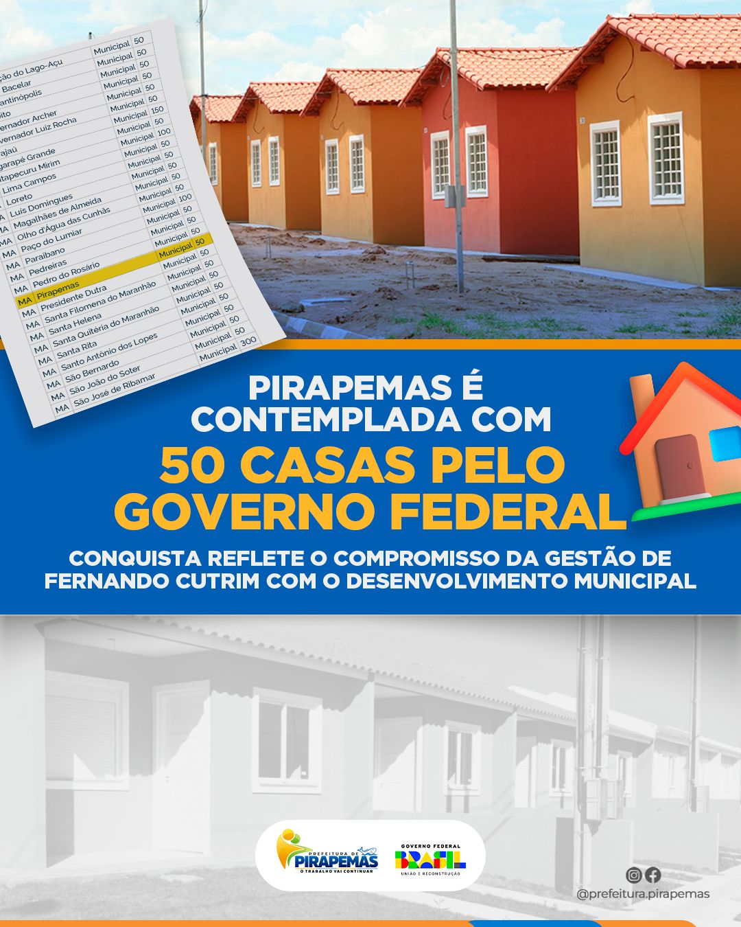 Pirapemas é contemplada com 50 casas pelo Governo Federal