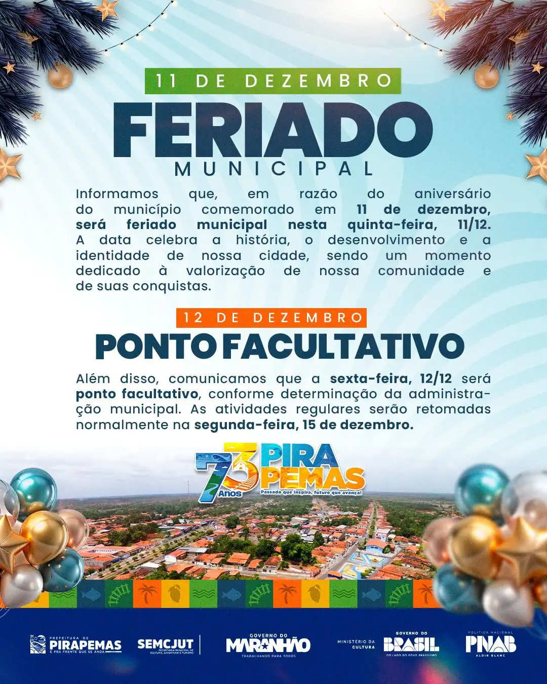 📢 INFORMATIVO OFICIAL – PREFEITURA DE PIRAPEMAS / 73 anos de emancipação política